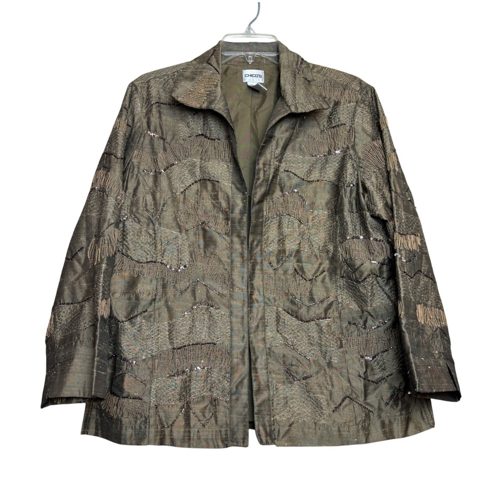 Chico's Neutral Jacket Women Size 2 Bronze Silk Blend Embellished Sequin Beaded‎